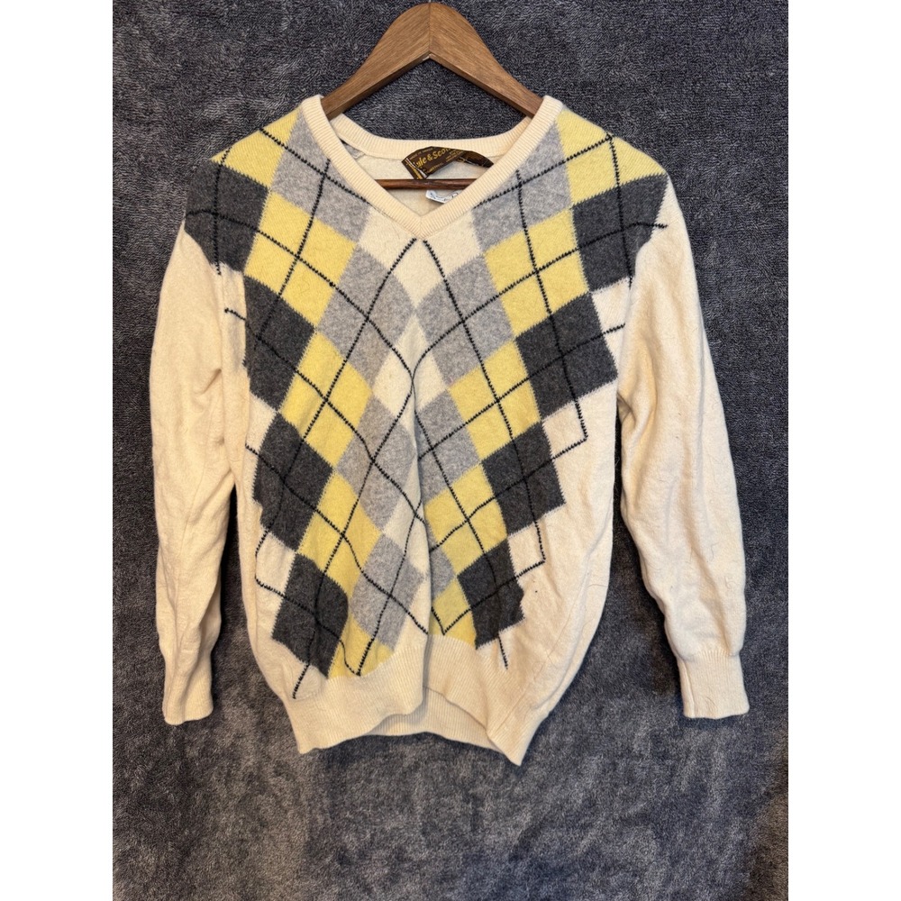 Lyle & Scott Mens Argyle V-NeckSweater 100% Lambswool Scotland Cream Yellow Grey
